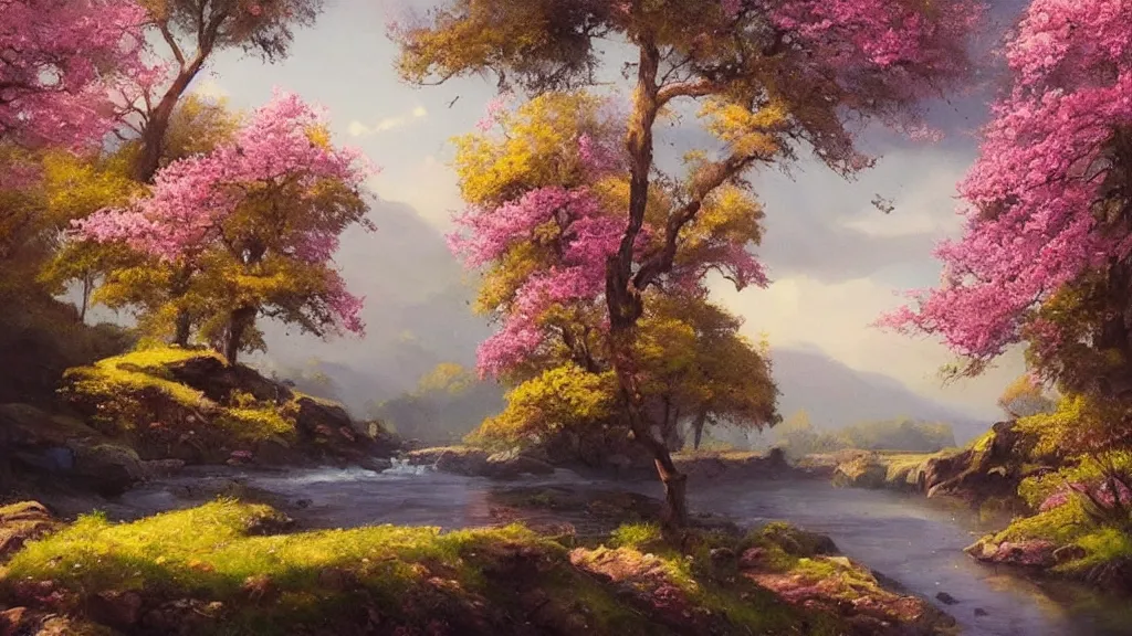 Image similar to A beautiful landscape oil painting of a hill with trees, the spring has arrived and the trees are blooming and covered with colorful flowers, the flowers are yellow, pink, purple and red, the river is zigzagging and flowing in its way, the river has lots of dark grey rocks, by Greg Rutkowski