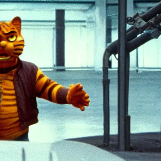 Image similar to A still of a realistic Garfield in The Terminator