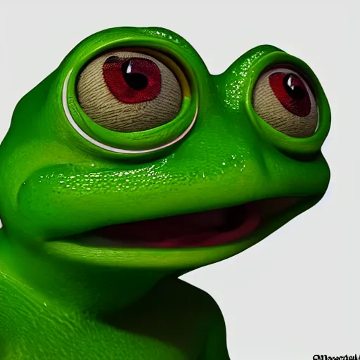 Prompt: hyperrealistic profile picture, 3d render of pepe the frog, octane render, trending on artstation