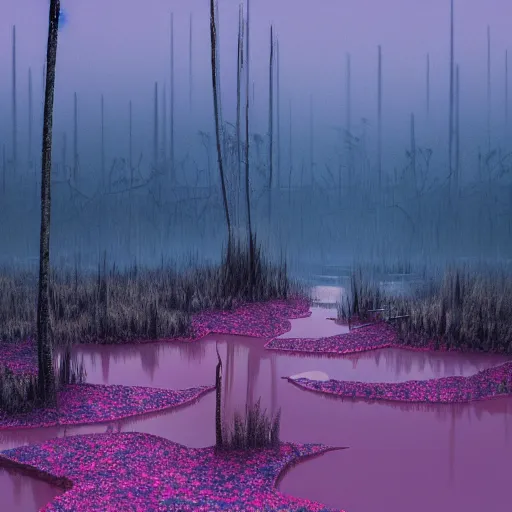 Prompt: beautiful landscape of desolate swamps made of lollipops, trending on artstation, octane, moody lighting, vibrant colors, ultrarealism, studio ghibli