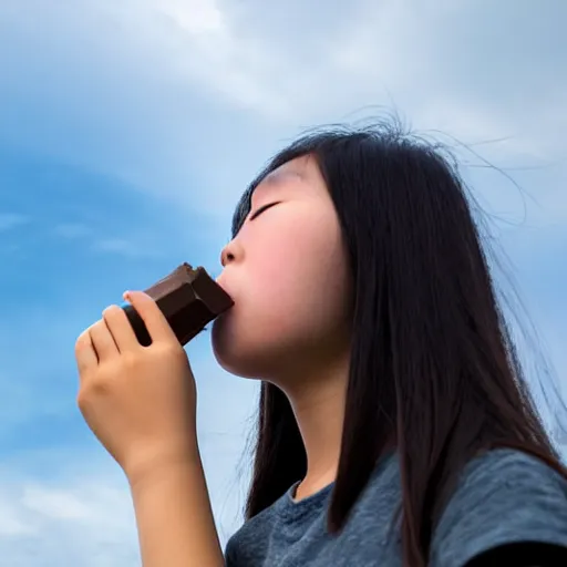 Prompt: an asian girl looking at the sky while having a chocolate ice cream canon eos 5 d mark iv