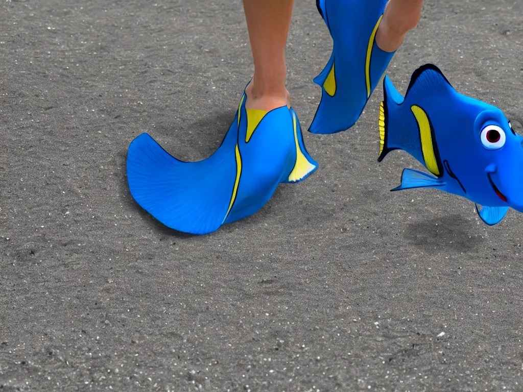 Image similar to Dory in real life with real human feet and legs walking toward you on the beach, 8k resolution