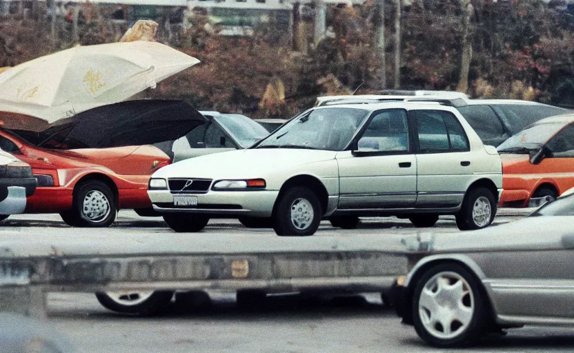 Prompt: VHS footage of a 1998 volvo car parked in the parking lot of a beach