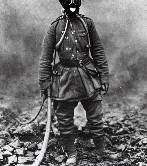 Image similar to person wearing gas mask with hose,ww1 photo, high detail, high resolution