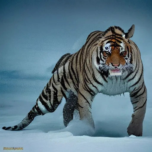 Image similar to A shark tiger hybrid in the Arctic snow. A creature that is half tiger half shark. National Geographic photograph