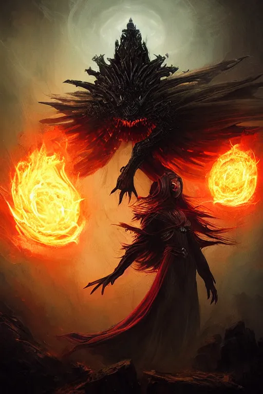 Image similar to Black Orb of Fire, digital art, fantasy, magic, trending on artstation, illustration by Seb McKinnon and Peter Mohrbacher, ultra detailed, atmospheric, powerful presence, bossfight, darksouls, grand finale, explosive entrance, final battle, cutscene, cinematic lighting, beautiful goddess, unleashing the power of the flame