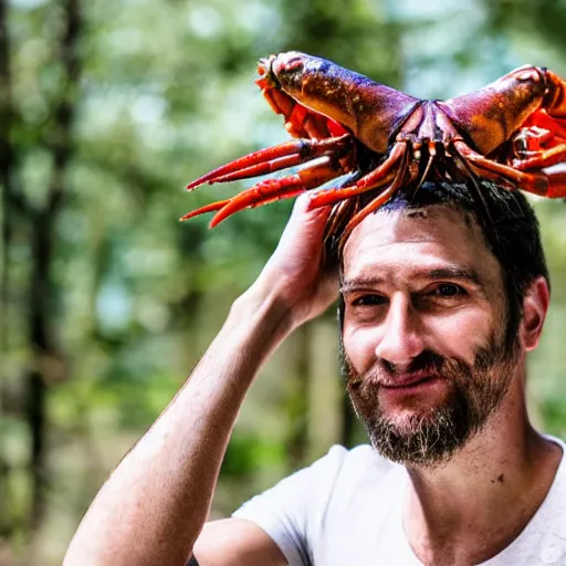 Image similar to photo of man with a crayfish on his head