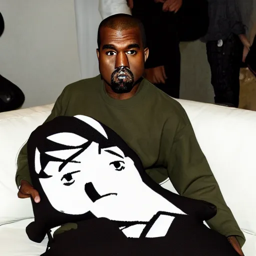 Image similar to kanye west holding an anime body pillow