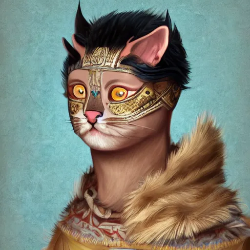 Image similar to illustration of the roman emperor augustus neko man half cat, character design, art station, epic, elegant, masterpiece of claire almon