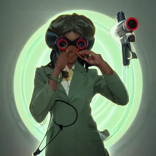 Image similar to a full body character design by artgerm, cushart krenz, greg rutkowski and alphonse mucha. cute african mad scientist woman lab coat!! green plasma laser gun!! goggles visor!! bold outline sharp edges. ultra clear detailed. 8 k. ultra detailed, elegant, intricate, octane render. felt!!! texture