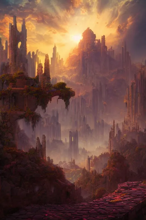 Prompt: beautiful matte painting vaporwave, fantasy ruins skyline background painted, intricate, volumetric lighting, beautiful, rich deep colors masterpiece, sharp focus, ultra detailed by