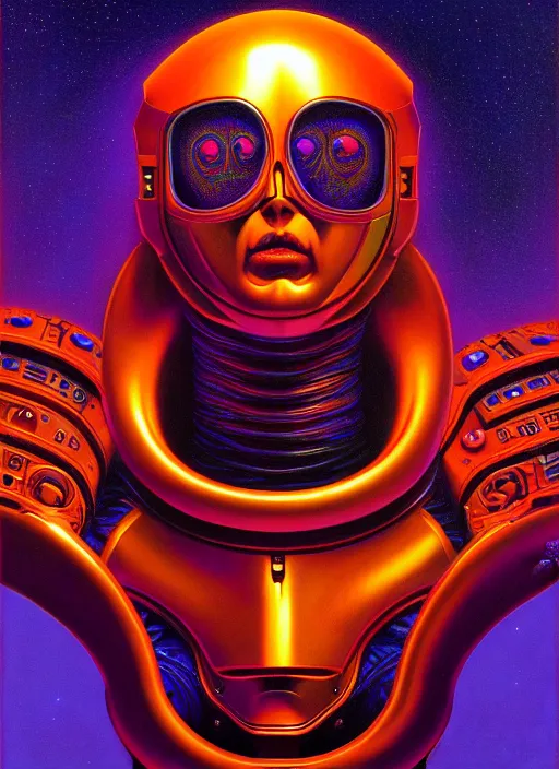 Prompt: cinematic bust portrait of psychedelic android, head and chest only, exotic alien features, robotic parts, Tim Hildebrandt, Wayne Barlowe, Bruce Pennington, donato giancola, larry elmore, oil on canvas, masterpiece, trending on artstation, featured on pixiv, cinematic composition, dramatic pose, beautiful lighting, sharp, details, hyper-detailed, HD, HDR, 4K, 8K