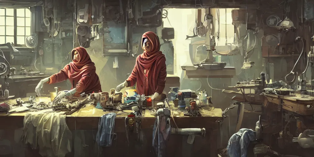 Prompt: an environmental concept art of a babushka cyberneticist in a cluttered mechanics workshop, surgical implements, surgery table, highly detailed, cinematic, dramatic, cyberpunk