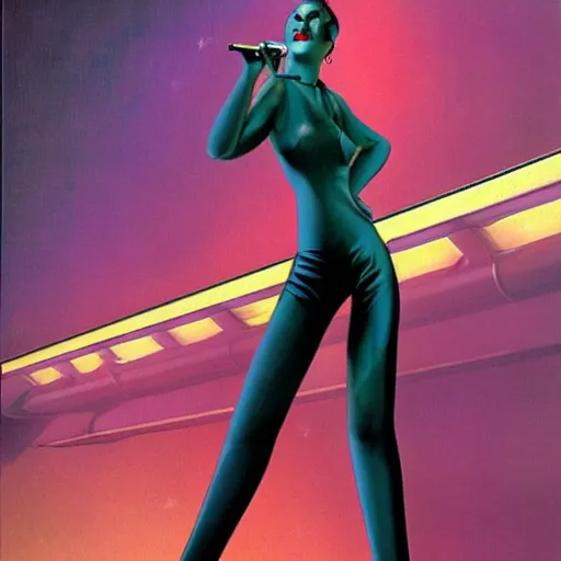 Prompt: a sultry female android singing jazz in a sci-fi club, art deco style, Peter Elson style