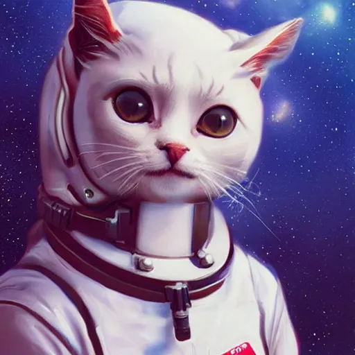 Image similar to head and shoulders masterpiece portrait of a cute adorable cat wearing a spacesuit, surreal background, digital art by krenz cushart, trending on artstation, cgsociety,