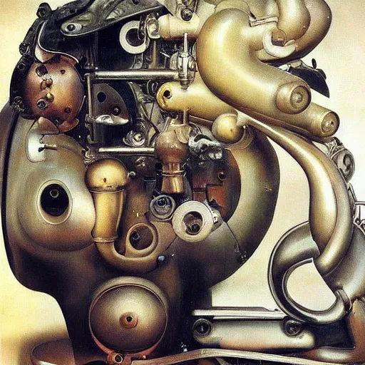 Image similar to Oil painting by Dali. Two mechanical trash gods with animal faces kissing. Oil painting by Hans Bellmer.