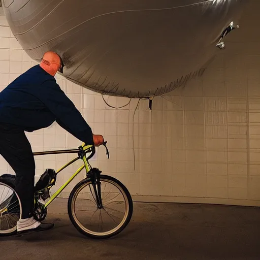 Image similar to “man with bicycle pump inflating a blimp, highly detailed, dramatic lighting”