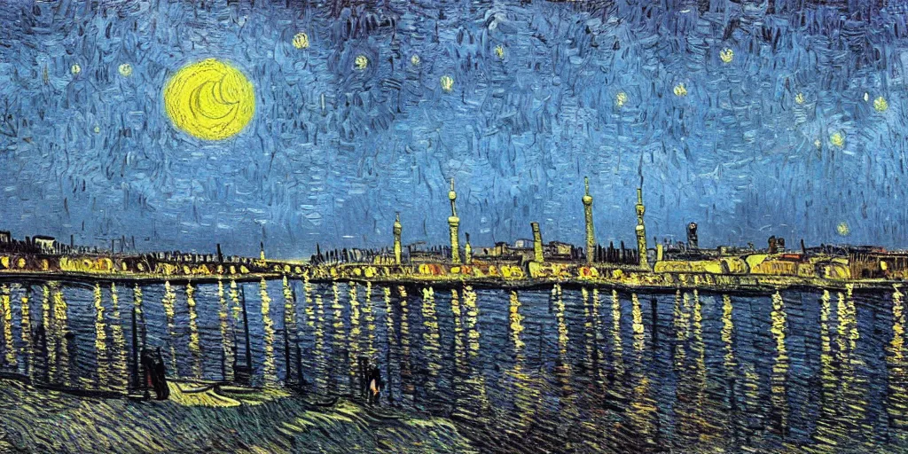 Image similar to tehran skyline in a winter night, a full moon, art by vincent van gogh