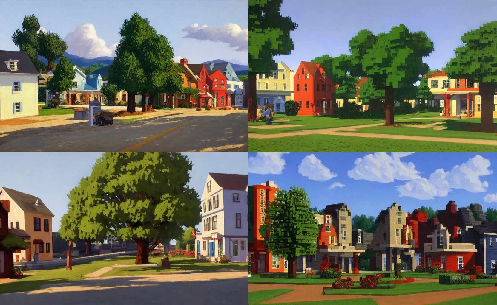 Prompt: a quaint rural Minecraft town, painting by Ben Aronson and Edward Hopper, blocky