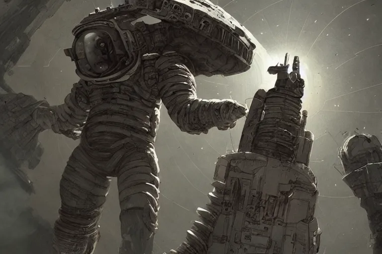 Image similar to Dead Space themed Astronaut approaches a giant monolith, Industrial Scifi, detailed illustration, Chiaroscuro, concept art, by Martin Grip and Moebius