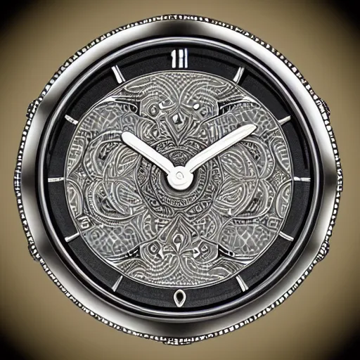 Image similar to silver intricate watch face, digital art