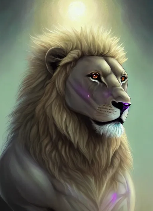 Image similar to aesthetic portrait commission of an albino male furry anthro lion with large muscles and lavender and mint colored glowing orbs of light surrounding and illuminating the lions face softly charlie bowater, detailed, inked, western comic book art, 2017 award winning painting, digital art, artstation