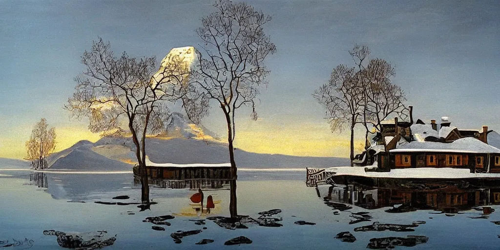 Prompt: an oil painting of a lakehouse in the winter painted by salvador dali, high detail,