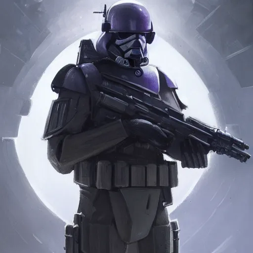 Image similar to portrait of a man by greg rutkowski, a soldier of the galactic dominion, wearing a gray and purple tactical gear, star wars expanded universe, highly detailed portrait, digital painting, artstation, concept art, smooth, sharp foccus ilustration, artstation hq