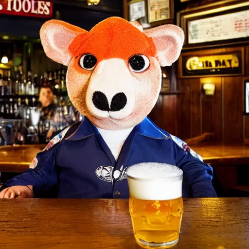 Image similar to Bullseye mascot Bully sitting at the bar of an English pub with a half drunk pint of ale. He looks sad and dejected by carravagio dramatic light