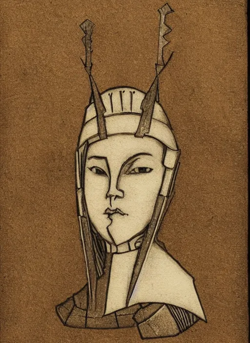 Prompt: head and shoulders portrait of a female knight, origami