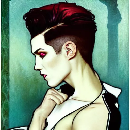 Image similar to stunning portrait of androgynous ruby rose as desire from sandman in a white tuxedo!!!, rockabilly style,, by alphonse mucha, by jeremy mann, by peter lindbergh, dave mckean, by frank moth, white suit and black tie, soft lightning, high detailed, 8 k