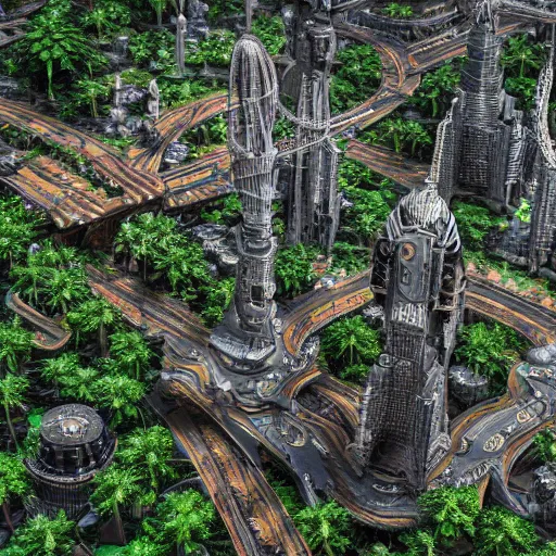 Image similar to jungle city, digital art, cosmic, 3 d high definition, trending on art station, photorealistic, high resolution, v 8 k, octane, hyper detailed, insane details, intricate, elite, ornate, elegant trend, highly detailed and intricate, sharp focus, photography, unreal engine