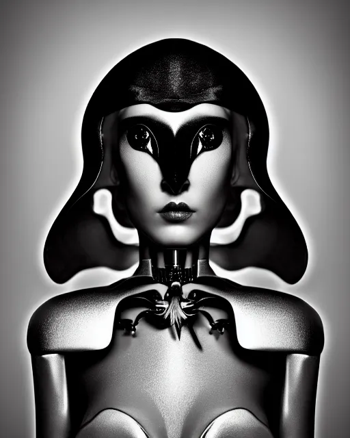 Image similar to surreal mythical dreamy dark artistic black and white fine art 3 / 4 fashion portrait photo of a young beautiful delicate female robot - owl with orchid - doll face, rim light, cinematic, studio dramatic light, poetic, masterpiece, octane render, 8 k, photo - realistic by gustave dore hg giger and man ray