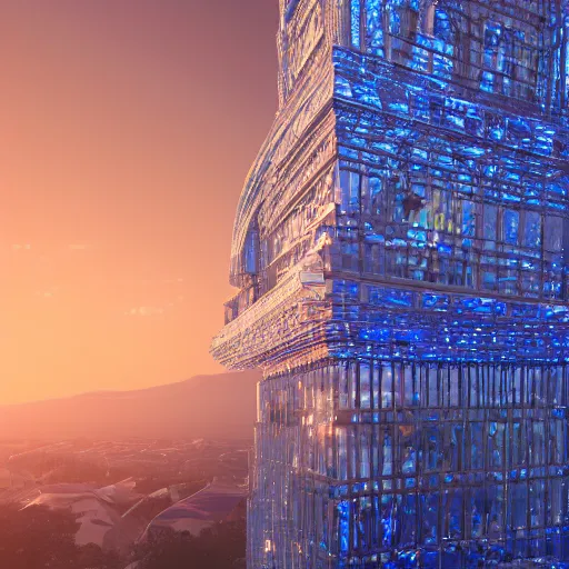 Image similar to Render of a beautiful tower made of gigantic pieces of radiant blue crystal, golden hour, serene, hyperdetailed, trending on Artstation, Unreal Engine 4k