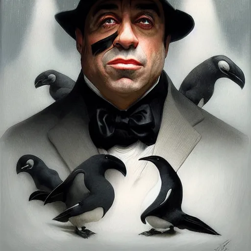 Prompt: Joe Rogan as The Penguin in Batman Returns, cinematic movie poster, elegant, intricate, headshot, highly detailed, digital painting, artstation, concept art, sharp focus, illustration, art by artgerm and greg rutkowski and alphonse mucha