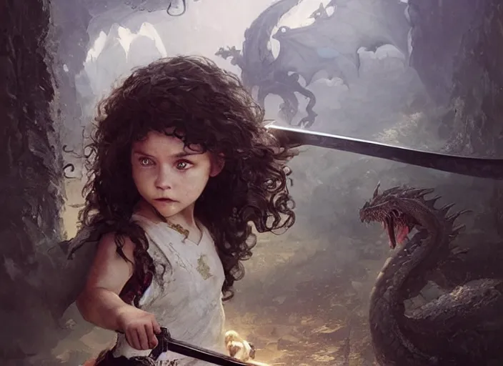 Image similar to a cute little girl with curly brown hair holding a sword faces off against a huge dragon, beautiful fantasy art by greg rutkowski.