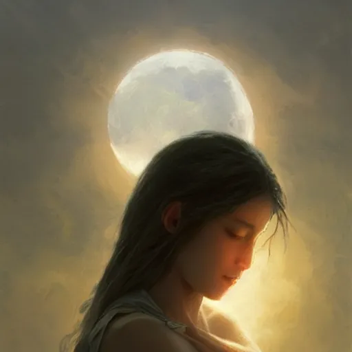 Image similar to serenity would you stare forever at the sun and never watch the moon rising? would you walk forever in the light to never learn the secret of the quiet night? painted by greg rutkowski, wlop,