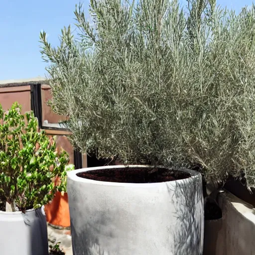 Image similar to large concrete pot on the rooftop, olive trees, comfortable for seating