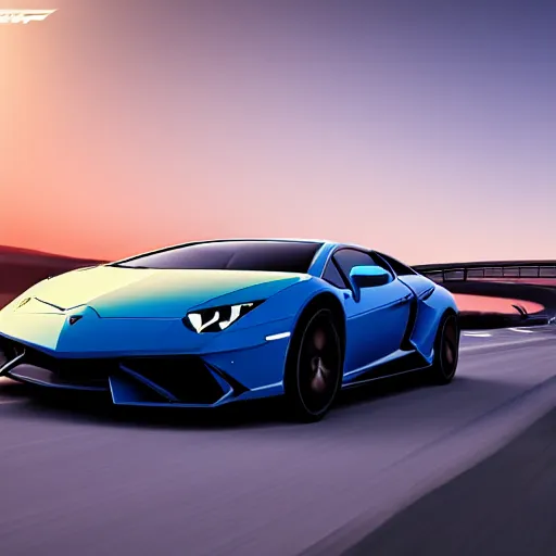 Image similar to luxury sports car driving near sea in the sunset, lamborghini design, automotiv design, unreal engine, dynamic perspective, cinematic light, 4 k