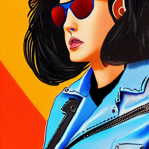 Prompt: A woman with Light blue aviators Brown hair Shaved one side haircut Mexican descent setting wearing a Leather jacket, digital art, Synthwave, retro, high quality, 4k, detailed.