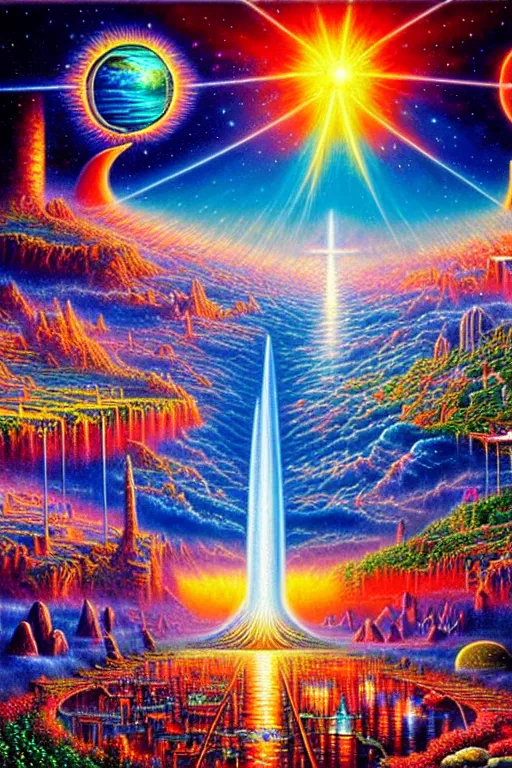 Prompt: a highly detailed photorealistic painting of beautiful vibrant future for human evolution, spiritual science, divinity, philosophical physics, study, discovery, reincarnation, heaven, beautiful memories of past life, utopian, by david a. hardy, kinkade, lisa frank, wpa, public works mural, socialist