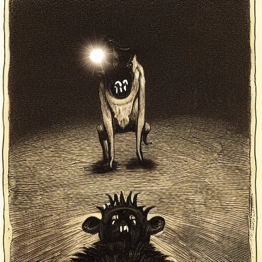 Image similar to giant hyena standing on a desert road at night with glowing eyes, laughing, hard flashlight, eerie strange bizarre, by alfred kubin