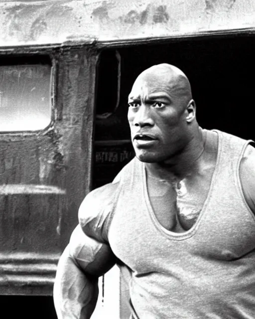 Prompt: film still close - up shot of dwayne johnson as john coffey driving a bus from the movie the green mile. photographic, photography