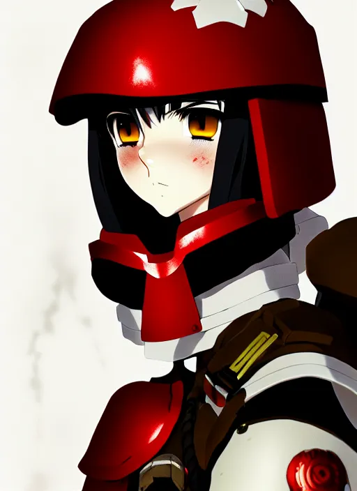 Image similar to anime portrait of a vicious helldiver scout soldier, red armor with white accents, closeup on face, ilya kuvshinov, anime, pixiv top monthly, trending on artstation, cinematic, danbooru, zerochan art, kyoto animation