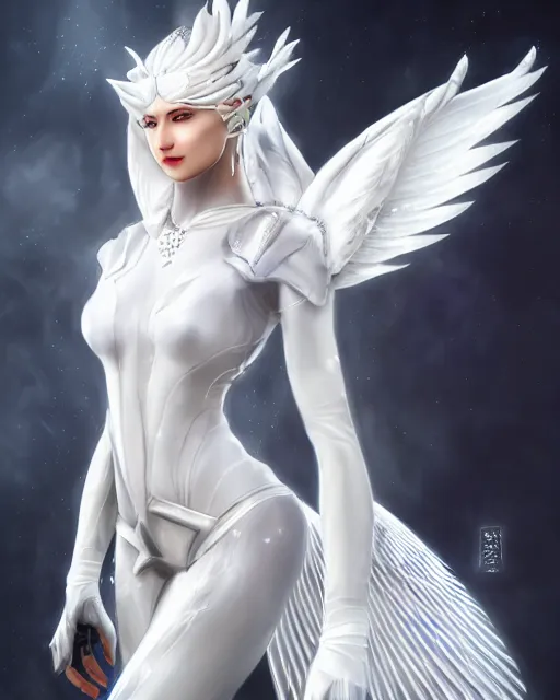 Image similar to perfect white haired egyptian goddess wearing white dove wings, warframe armor, regal, attractive, ornate, sultry, beautiful, ice queen, half asian, pretty face, blue eyes, detailed, scifi platform, 4 k, ultra realistic, epic lighting, android body, illuminated, cinematic, masterpiece, art by akihito tsukushi, voidstar