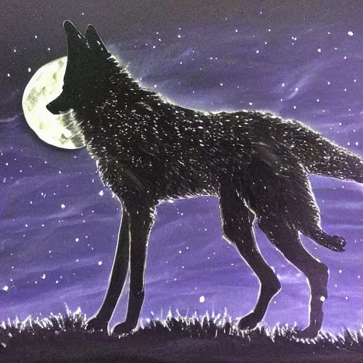 Prompt: black wolf made of smoke going into the night, sky full of stars and a full moon, dramatic, in the style of ben jeffery