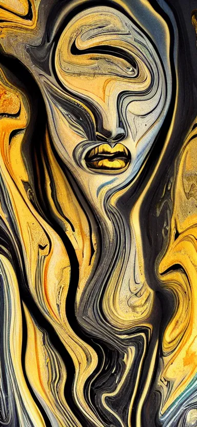 Image similar to epic, abstract sculpture of beautiful female face and black swirling marbling liquifying acrylic portrait, fluffy clouds, golden hour, beautiful light, 3 d sculpture of carving marble, dark colors, dark mood, one point lightning