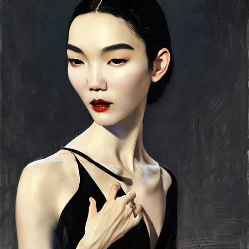 Image similar to detailed cinematic wide shot of beautiful attractive tao okamoto asian vampire woman wearing black bath robe slim face symettrical face clean skin black eyes black robe smooth, sharp focus, ultra realistic, spring light, painting by gaston bussiere, craig mullins, j. c. leyendecker