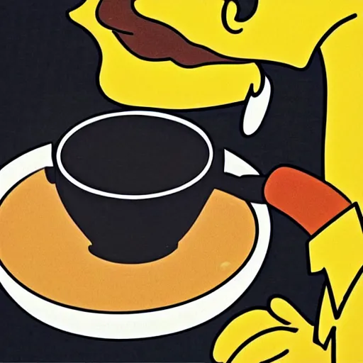 Image similar to cup of coffee with eyes nose and mouth smoking cigar simpsons style