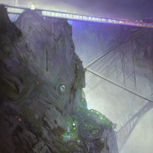 Image similar to hyperrealist portrait of a vast cliff face with one enormous futuristic building jutting out with a bridge to it and suspension cables, over a masive river valley at night by jeremy mann and alphonse mucha and alan lee, fantasy art, photo realistic, dynamic lighting, artstation, poster, volumetric lighting, very detailed faces, award winning, full face, symmetry